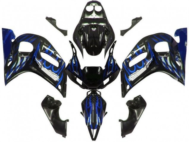 1998-2002 Yamaha YZF 600 R6 Motorcycle Fairings - Glossy Black Blue Flame Canada