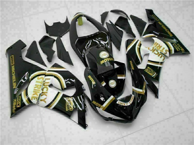2005-2006 Kawasaki ZX6R Motorcycle Fairings - Glossy Black White Gold Lucky Strike Canada