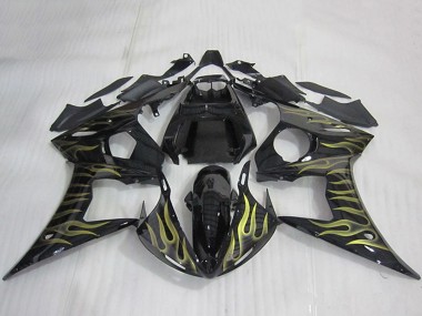 2003-2004 Yamaha YZF R6 Motorcycle Fairings - Glossy Black Gold Flame Canada