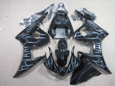 2003-2004 Yamaha YZF R6 Motorcycle Fairings - Glossy Black Silver Flame Canada