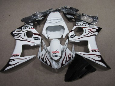 2003-2004 Yamaha YZF R6 Motorcycle Fairings - White Glossy Black Flame Shark Canada